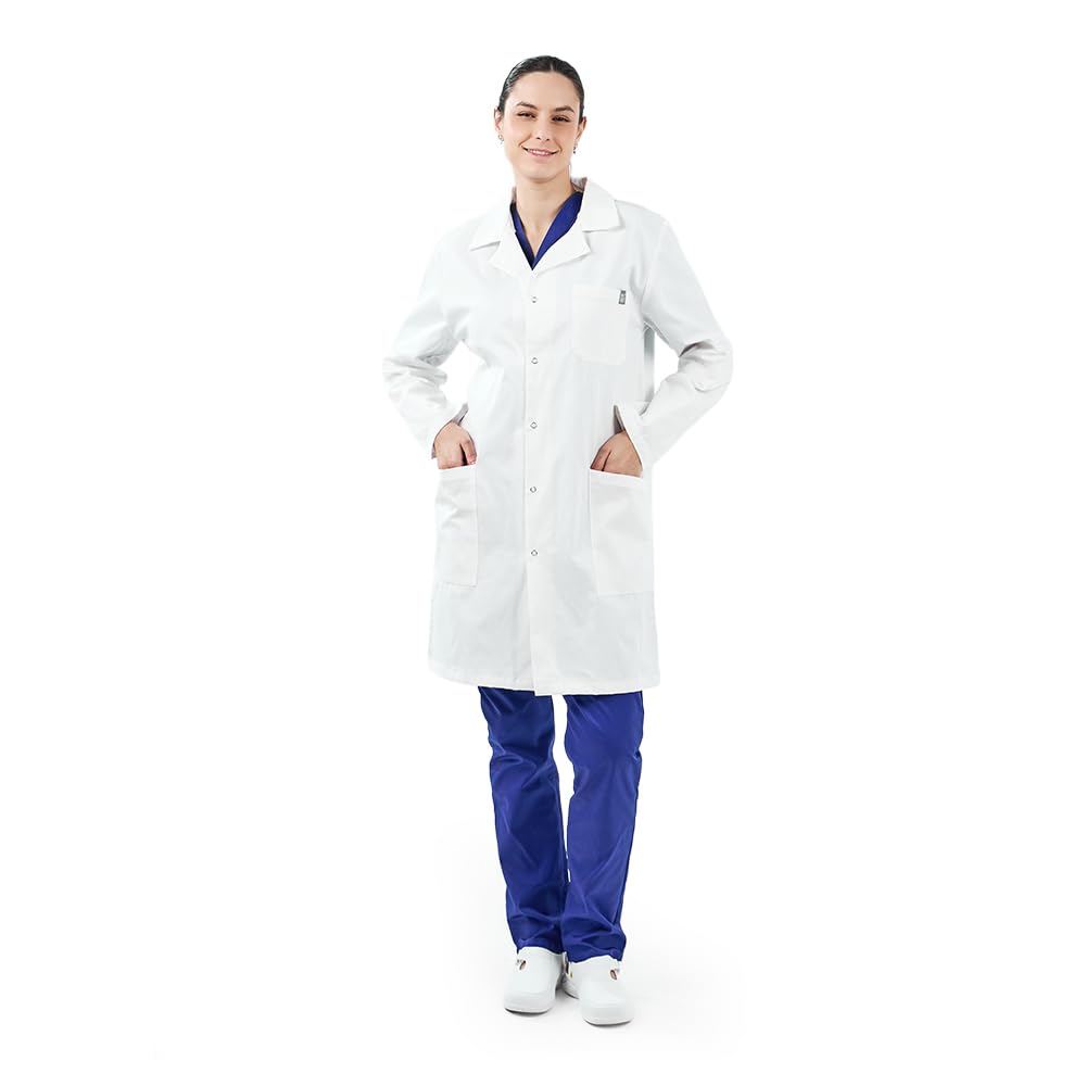 MYLOOKPRO - Bata médica Blanca de Manga Larga Colombia – Bata Profesional Unisex 100% algodón – Botones a presión – 3 Bolsillos – Ropa de Laboratorio, enfermería, odontología y Veterinaria