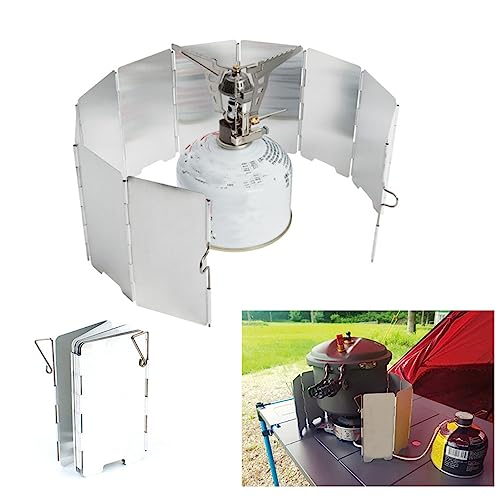 VBESTLIFE Herd Windschutzscheibe, Faltbarer Campingkocher Windschutzscheibe 9 Platten Aluminium Outdoor Campingkocher Windschutzscheibe für Camping Picknick Rucksackreisen