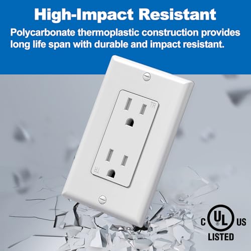 BESTTEN 20 Pack 15 Amp Tamper Resistant Decor Receptacle, Standard Electrical Wall Outlet, Residential and Commercial Use, 15A/125V/1875W, Wallplate Included, UL Listed, White - Thumbnail 3
