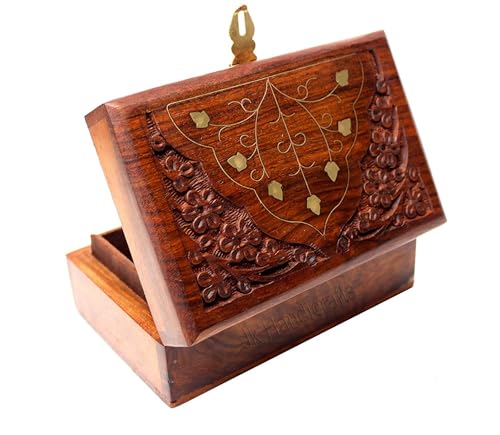 Image of HusNain Handmade Wooden Jewellery Box for Women - Jewel Organizer Hand Carved with Intricate Carvings Gift Items Vanity box Organiser For Women, Storage, Gold, Cash, Money (MEDIUM (7 x 5 inches))