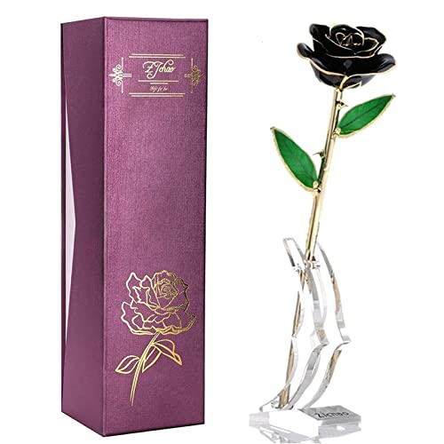 24K Black Rose for Her, Eternal Love Real Gold Plated Rose Flower, Romantic Present for Wife, Mom, Girlfriend, Anniversary, Birthday, Wedding (Black)