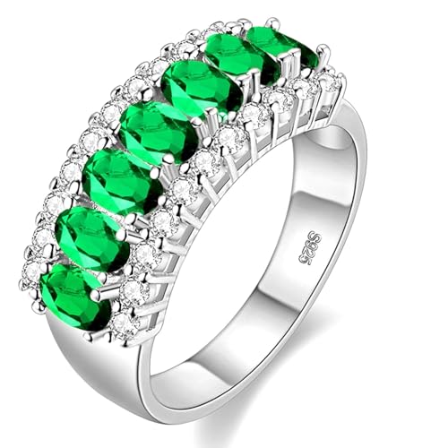 Uloveido Platinum Plated Oval Cut Green Cubic Zirconia 7 Stones Wedding Band,Simulated Emerald Birthstone Ring J501 (Platinum,Green,Size 6)