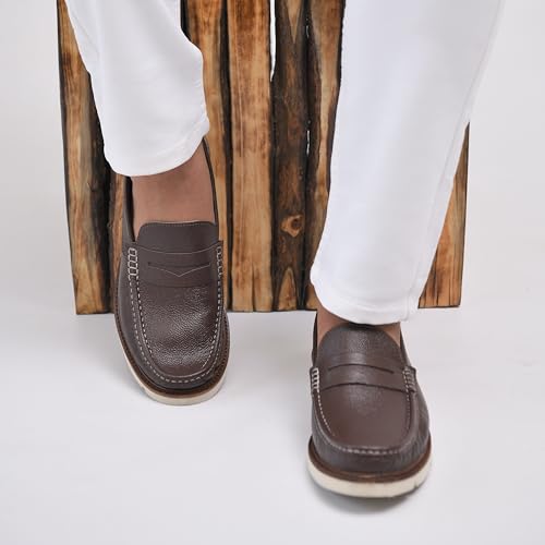 Image of Handmade Genuine Leather Loafers Shoes for Men | Lightweight Casual Slip on | Brown Moccasins Formal Penny Loafers