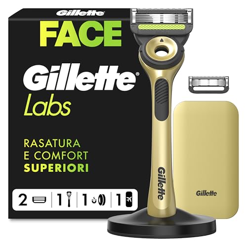 Gillette Labs Rasoio con Barra Integrata e Custodia da Viaggio, 1 Manico, 2 Lamette di Ricambio, con Base Magnetica, Rasoio Barba, Gillette Labs Lamette