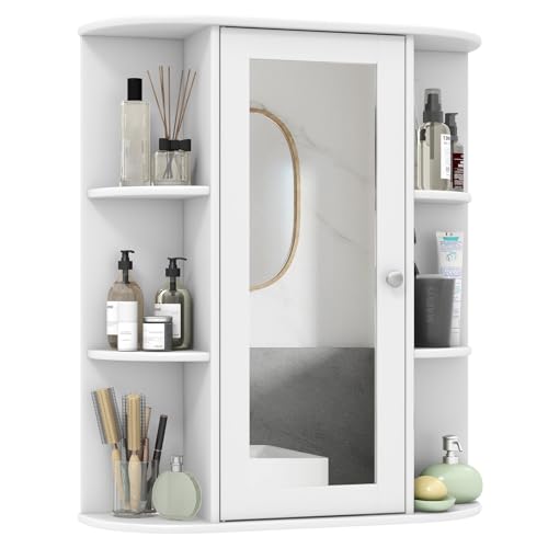 Tangkula Bathroom Medicine Cabinet, Wall Mounted Storage Cabinet with Mirror Door, Removable & 3 Adjustable Shelves, Wooden Hanging Wall Mirror Cabinet for Bathroom Living Room Laundry (White)
