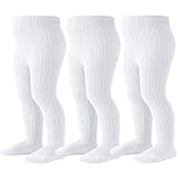 Coziwill Baby Girl Tights - Soft Cotton Cable Knit Leggings 0-6 Months Newborn 3 Pack (White, XS)