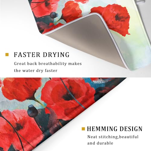 Image of Red Watercolor Flower Dish Drying Mat for Kitchen Counter 18 x 24 Inch - Poppy Absorbent Reversible Microfiber Dish Mat, Heat Resistant Drying Pad Dish Drainer Mats for Countertop