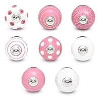 Set von 8 Keramikknöpfen in Weiß und Rosa, handbemalt mit verschiedenen Designs. Handgefertigte Griffe für Schränke, Schubladen, Kommoden und Kleiderbügel. Klassische Knöpfe mit 40 mm Durchmesser.