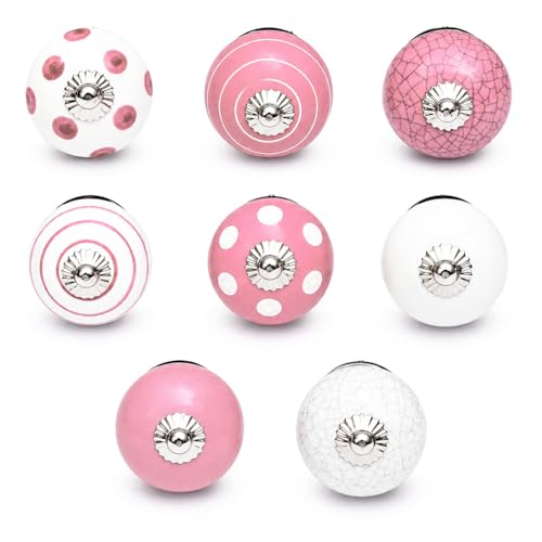 Set von 8 Keramikknöpfen in Weiß und Rosa, handbemalt mit verschiedenen Designs. Handgefertigte Griffe für Schränke, Schubladen, Kommoden und Kleiderbügel. Klassische Knöpfe mit 40 mm Durchmesser.