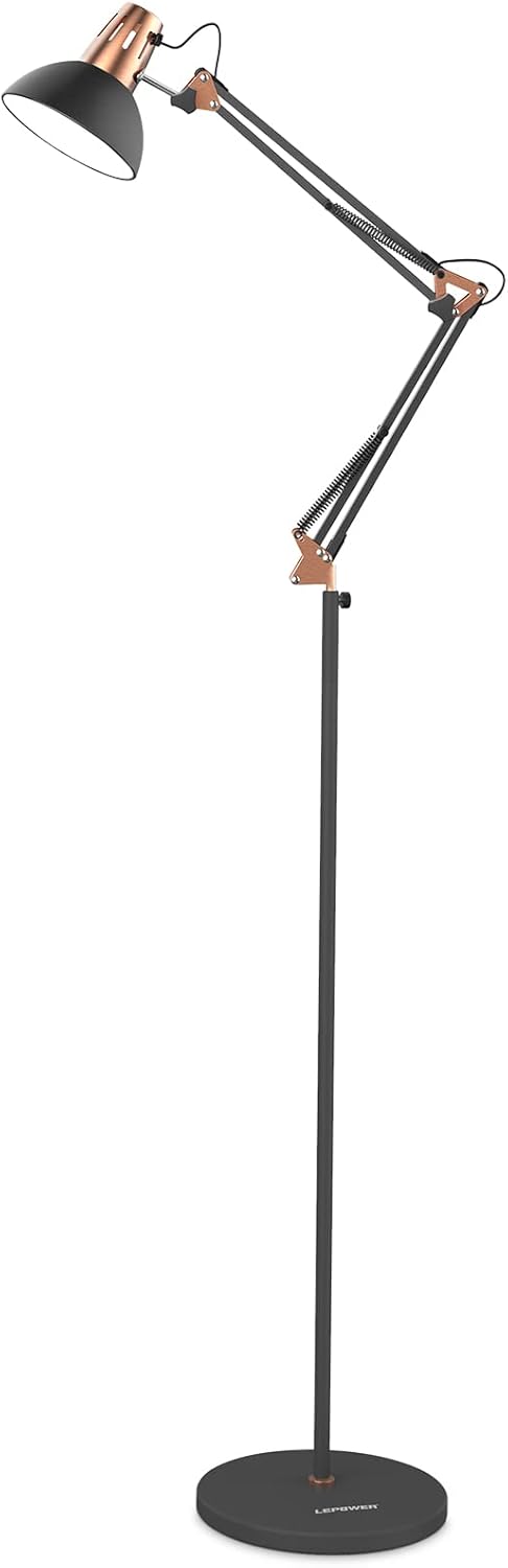 LEPOWER Floor Lamp, Metal Adjustable Reading Swing Arm Standing Lamp with Heavy Metal Base, Eye-Caring Reading/Pole Lamp with On/Off Switch for Living Room, Bedroom, Office Sand Black