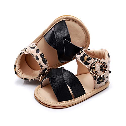 Baby Girls Sandals Rubber Sole Non-Slip Summer Outdoor Toddler Girl Sandals Flat Shoes Infant Cute Little Kids First Walker Shoes (18 Months-24 Months US, Leopardblack)