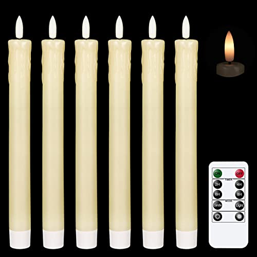 Eldnacele Drip Wax LED Taper Candles Flickering with 10-Key Remote, Battery Operated Ivory Flameless Candles Real Wax Pack of 6, Christmas Home Wedding Decor(0.78 X 9.64 Inch)