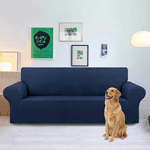 KEKUOU Stretch Oversized Sofa Slipcover 1 Piece Couch Sofa Cover (94"-110") Furniture Protector 4 Seater Sofa with Elastic Bottom for Kids,Pet.Jacquard Checked Pattern Fabric(X Large,Navy Blue)