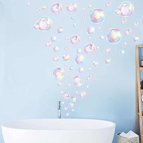 Trantranapa 56pcs Rainbow Bubble Wall Decal Stickers Background Decor for Sea Ocean Theme Party Birthday Water Bath Mirror Decorations for Bathroom Peel and Stick Removable Vinyl Stickers(Bubbles)