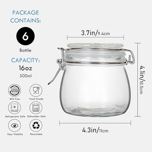YEBODA 16oz Food Storage Canister Glass Jars with Clamp Airtight Lids and Silicone Gaskets for Multi-Purpose Kitchen Containers - Clear Round (6 Pack) - Thumbnail 3