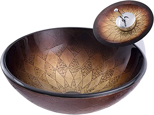 Vanity Cabinet Countertop Washbasin Round Vessel Sink, Tempered Glass Bathroom Sinks Above Counter,Stylish and Functional, with Waterfall Faucet and Drain Combo