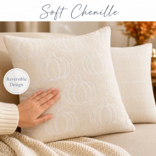 Image of Fall Pumpkin Throw Pillow Covers 22x22 Set of 2, Reversible Jacquard Chenille Cushion Cases Pumpkin Front Plaid Back, Cozy Farmhouse Autumn Decor for Living Room Sofa Couch Bed(Beige,22x22)
