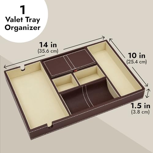 Juvale Mens Valet Tray, Brown Faux Leather Nightstand Organizer with 6 Compartments for Phone, Wallet, Watch, Ring, Keys, Catchall Dresser Top Storage (13.9 x 9.5 x 1.6 In)