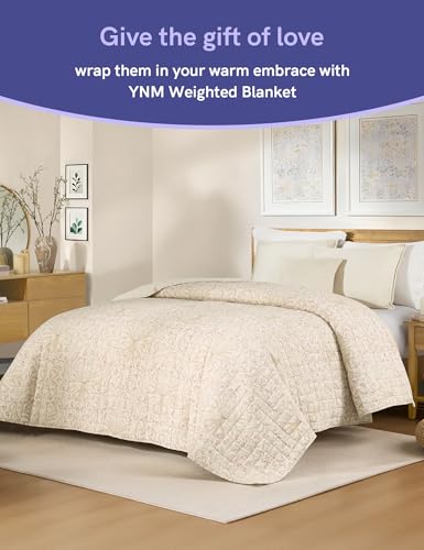 Image of YnM King Size Linen Weighted Blanket for Adults (88x104 Inches, 25 Pounds, Campanula), Exclusive Smallest Compartments, Heavy Bed Blanket for Two Persons of 110~190lbs on Queen or King Bed