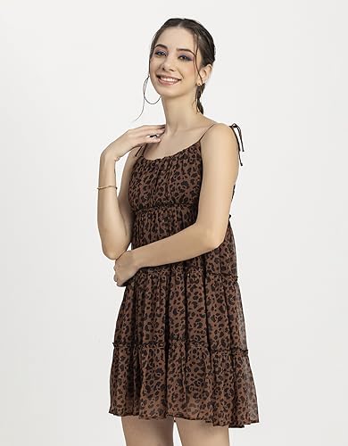 Image of Moomaya Women Printed Mini Dress, Strappy Shoulders Tiered Short Summer Dress