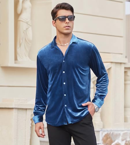 Alex Vando Mens Velvet Shirts Regular Fit Long Sleeve Soft Stretch Casual Button Down Shirt