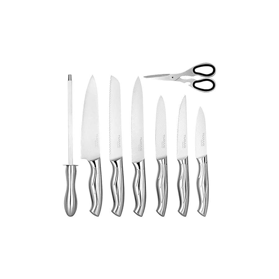 nuovva Kitchen Knife Block Set – 14-Piece Knife Set with Hardwood Block – Stainless Steel Blades – Hollow Knife Set for Chopping, Slicing, Dicing