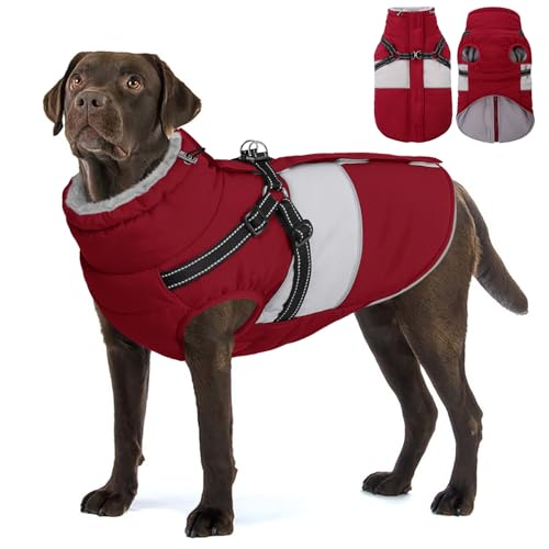 AOFITEE Hundemantel Grosse Hunde, Winter Wasserdicht Hundejacke Hundemantel mit Geschirr, Warmer Wintermantel Hundejacke Fleece Weste Winddicht Hunde Mantel für Deutsche Schäferhunde, Rot 3XL