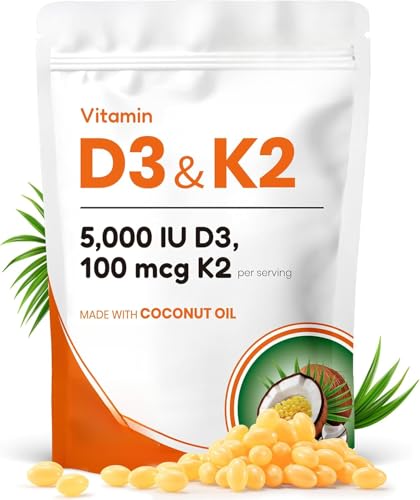 Vitamin D3 K2, 2-in-1 Vitamin D & K Supplement with Coconut Oil, Supports Calcium Absorption
