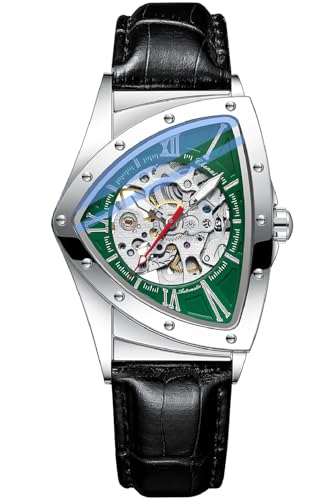 Montre mécanique Tiong avec bracelet en cuir noir et cadran triangle vert au design soigné