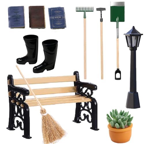 12 Stück Miniatur Garten Zubehör Mini Wichtel Zubehör Puppenhaus Zubehör Garten Mini Gartenmöbel Deko mit 4 Gartengeräte 1 Mini-Regenstiefel 1 Parkstraßenlaterne Parkbank Topfpflanzen Buch für DIY