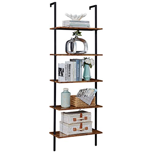 SUPERJARE Industrial Ladder Shelf, 5-Tier Wood Wall-Mounted Bookcase with Stable Metal Frame, 72 Inches Storage Rack Shelves Display Plant Flower, Stand Bookshelf for Home Office - Rustic Brown
