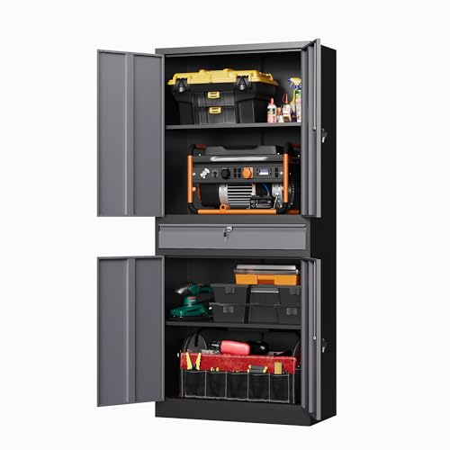 Image of Letaya Metal Garage Storage Cabinet with Drawer,4 Door Tool Cabinet with Lock-2 Adjustable Shelves for Garage Home Office Utility Room (Black & Gray)