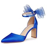 ALICEPUB Royal Blue Bow Heels for Women Closed Toe Ankle Strap Comfy Pumps, Womens Formal Evening Shoes Wedding Shoes for Bride, Business Casual Shoes Professional Office Shoes Work Heels, Size 6.5
