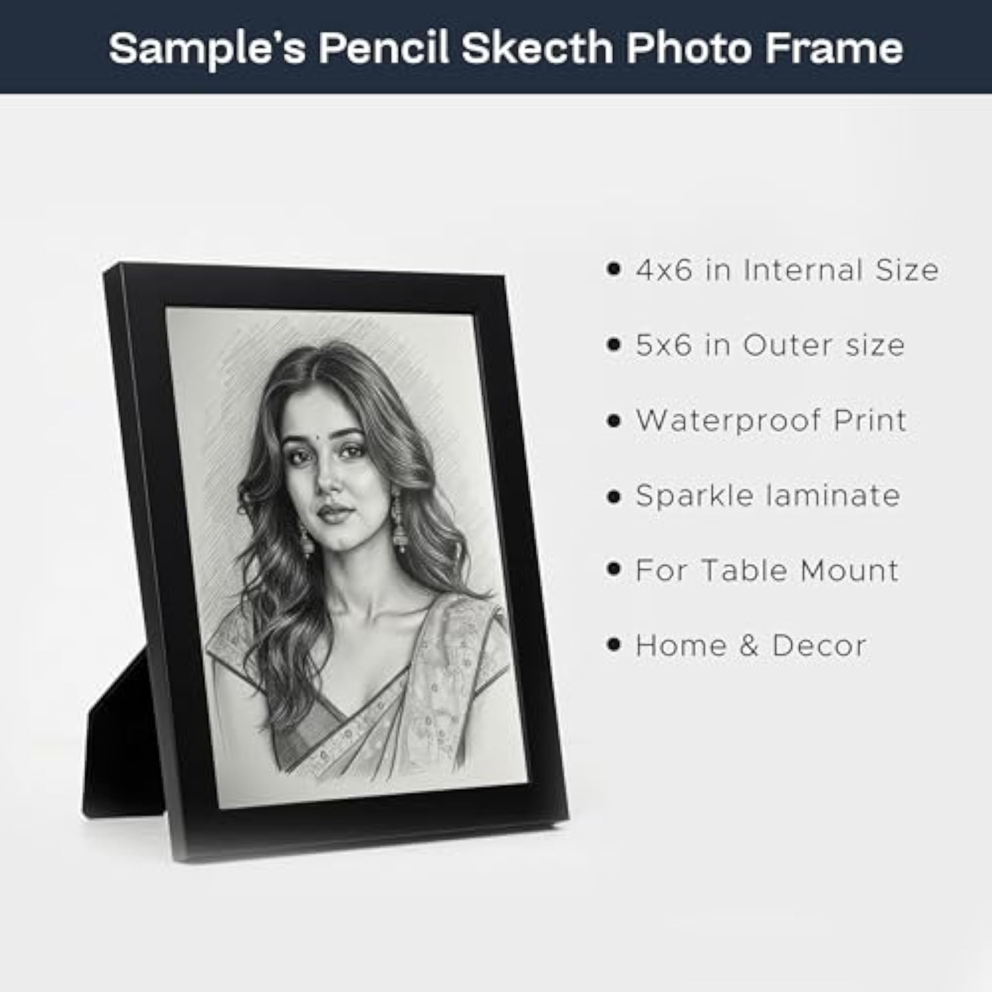 Customized Pencil Sketch Photo Frame 4x6 Inch, Black Frame