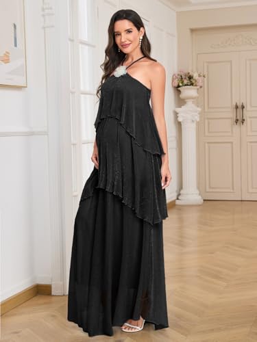 Image of AISWI Maternity Halter Neck Maxi Dress Sparkly Mesh Tiered Ruffle Pregnancy Gown with Flower for Baby Shower Photoshoot
