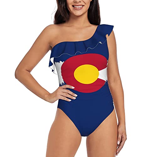 Pretty Colorado Flag Women's One Piece Swimsuits One Shoulder Swimwear Asymmetric Ruffle Bathing Suits