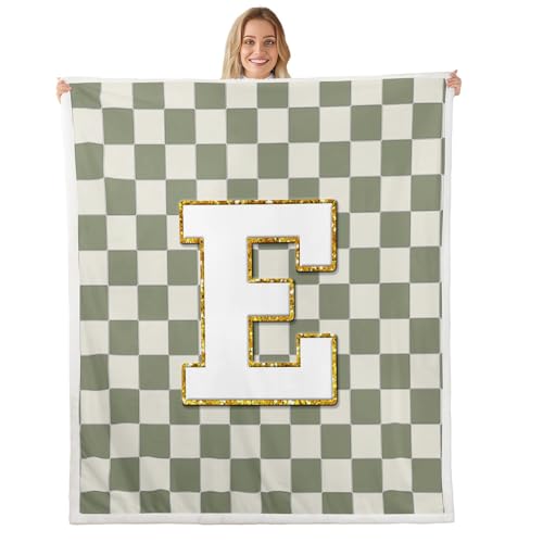 Image of Erosebridal Sage Green Checkered Fuzzy Plush Throw Plaid Initial E Fleece Blanket Personalized Monogram Sherpa Blanket for Kids Boys Girls,Fashion Grids Gingham Decor for Bed Couch Throw 50 inchx60 inch