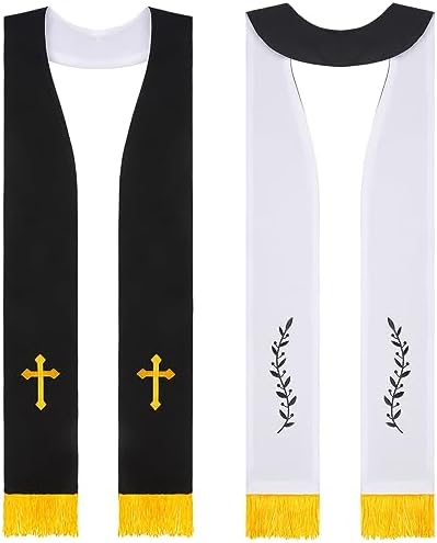 Panitay Embroidered Wedding Reversible Stole with Tassels Clergy Mass Stole with Cross Wedding Pastor Stole