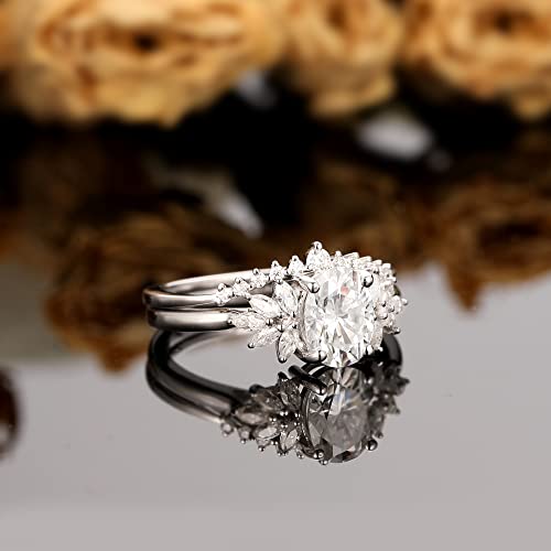 Frayerr Art Deco Proposal Ring - 1.50 Carat Excellent Oval Cut Moissanite Engagement Rings For Women - Anniversary Bridal Set Ring - Platinum Plated Silver Stacking Rings - Moissanite Wedding Band - Matching Rings (5) #TOP2