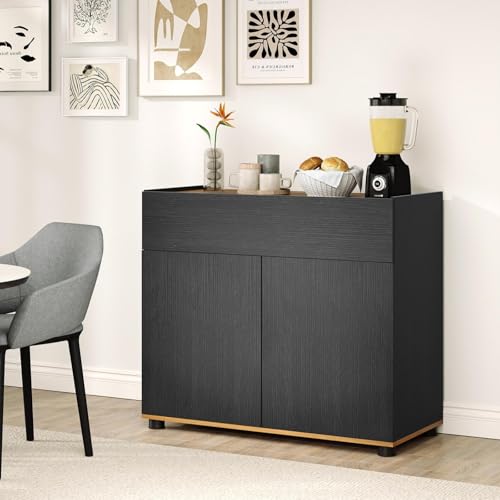 TANGZON Buffet Sideboard: 2-Door Storage Cabinet with Push-to-Open Feature, Drawer, Raised Edges & Anti-Tipping Kits (Black) - Image 8