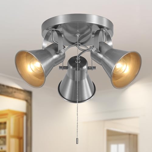 Image of 3-Light Ceiling Lights with Pull Chain, Adjustable Round Kitchen Ceiling Light, Morden Nickel Flush Mount Directional Track Light for Kitchen, Hallway, Dining Room, Bathroom, Coffee Bar