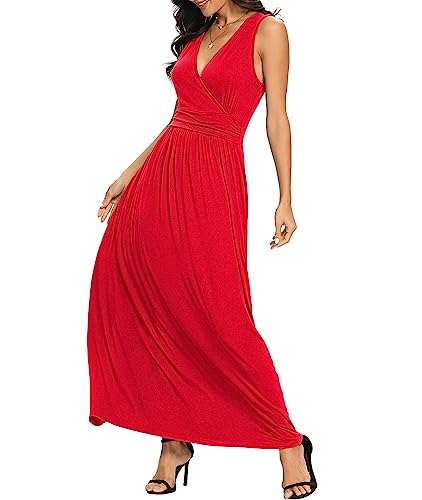 Image of LILBETTER Women Sleeveless Deep V Neck Loose Plain Long Maxi Casual Dress