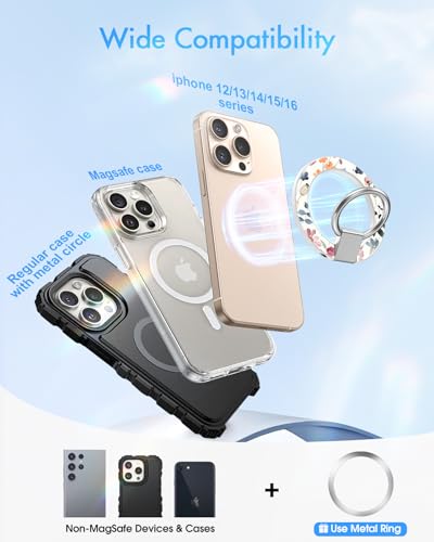 Image of Toycamp Phone Grip Ring Holder Compatible with MagSafe - Magnetic Phone Grip Stand Women Cute Painting Removable Rotatable Magnet Accessories for iPhone 17 Pro Max /16 /15 /14 /13 /12 Series, Water Floral
