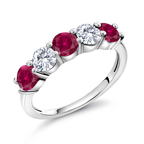 Gem Stone King 925 Sterling Silver Red Created Ruby and White G-H Lab Grown Diamond Women Ring (1.09 Cttw, 3.5MM Round, Available in size 5, 6, 7, 8, 9)
