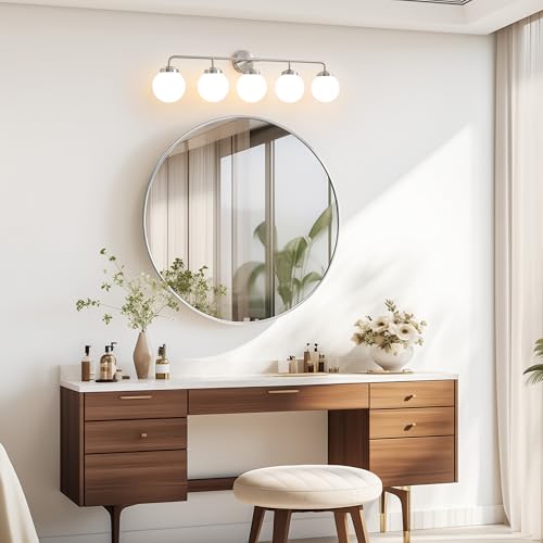 Image of Bathroom Light Fixtures 39in 5-Light Brushed Nickel Vanity Light for Mirror | Bathroom Lighting Fixtures over Mirror, ETL, Brushed Brass Wall Sconce, Dimmable E12 Base Max 60W, Milky Glass Ball Shades