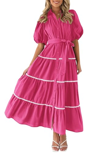 PRETTYGARDEN Women's Summer Button Down Shirt Dress Short Puffy Sleeve Tiered Ruffle Flowy Long Maxi Dresses (Rose Red,Medium)