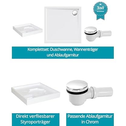Calmwaters® Duschwannen-Set Modern Select, Flache Acryl-Brausewanne mit Wannenträger und Excenter-Ablaufgarnitur, 80 x 80 x 2,5 cm, Komplettset Acrylwanne, Bodengleicher Einbau, Weiß, 99000119 – Bild 6
