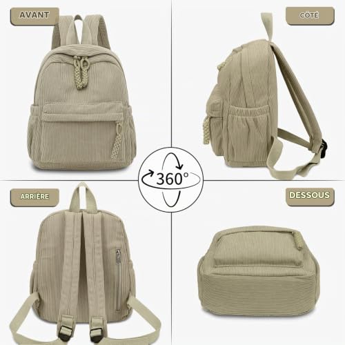 Boziee Petit sac à dos unisexe en velours côtelé pour l'école, les voyages, le travail., kaki, Petit, Moderne et décontracté – vue 6