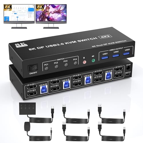 8K@60Hz USB 3.0 Displayport KVM Switch 2 Monitors 4 Computers, Dual Monitor KVM Switch with Audio Output and 3 USB 3.0 Ports, 4 Port Dual Monitor Displayport KVM Switch for 4 Computer