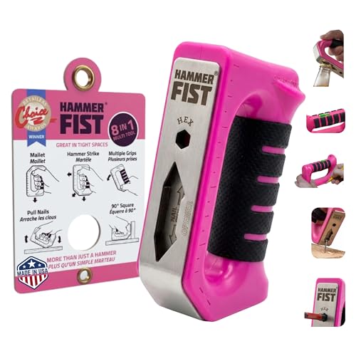 Hammer Fist 8-in-1 Multitool - Mallet Hammer & Nail Puller Non-Marring Mallet Hex Driver Ruler Square & Bottle Opener - Compact Palm Hammer for Women Seniors & DIY Home Repair (Pink) - 1 Pack